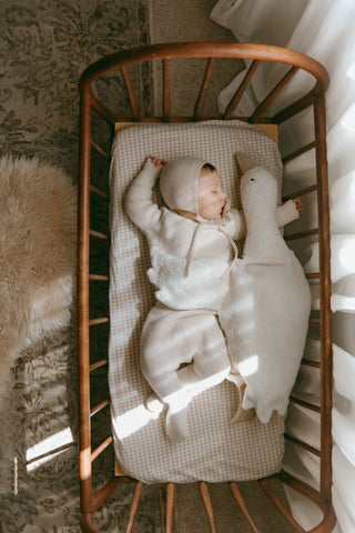 Sleeping baby wearing knitted bonnet, jumper and trousers, in wooden cot with  gingham sheet and large cuddly goose 