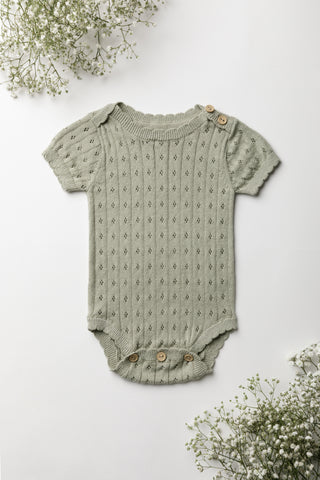 Sage green pointelle knit baby bodysuit