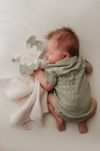 Baby wearing a sage green bodysuit and cuddling a cream and sage green stork comforter