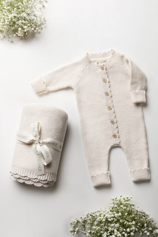 Beige Knitted baby blanket and romper