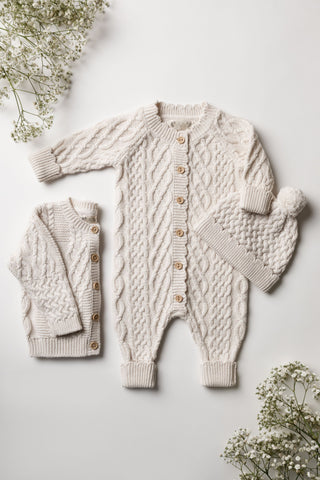 Cable Knit Baby Cardigan, Romper and Hat