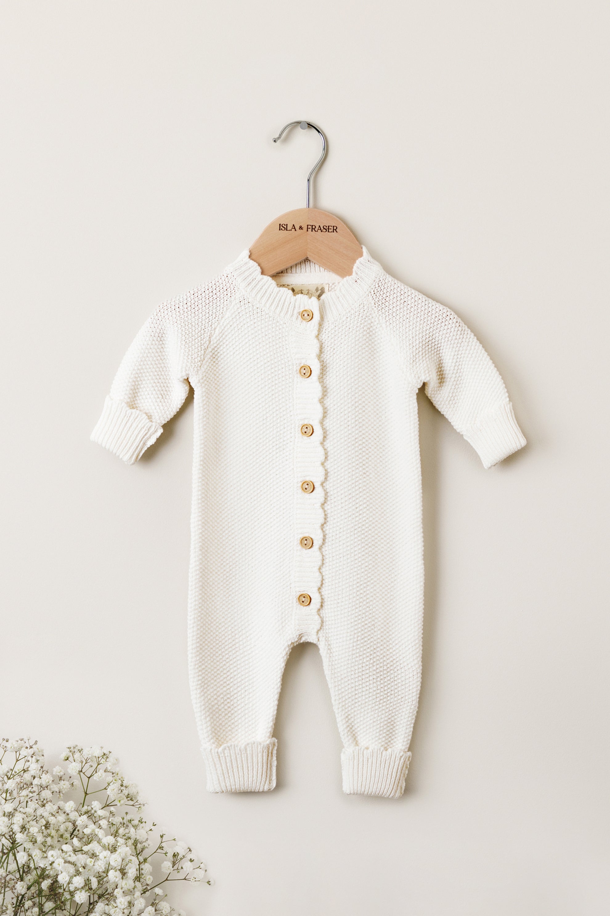 Isla and Fraser Milk White Knitted Baby Romper Moss Stitch