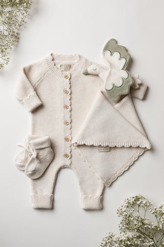 Neutral baby romper, booties and stork comforter gift set