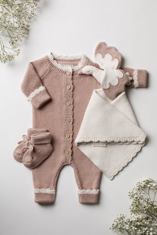 Rose Pink Knitted Baby Booties, Romper and Stork Comforter