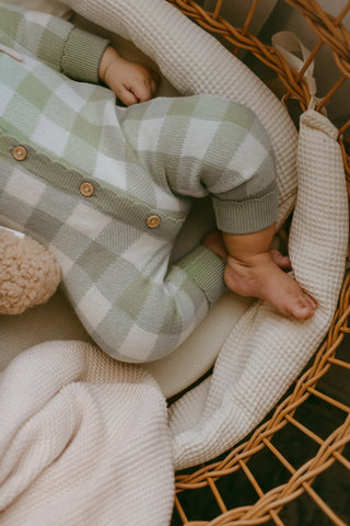 Baby in moses basket wearing sage green gingham baby romper