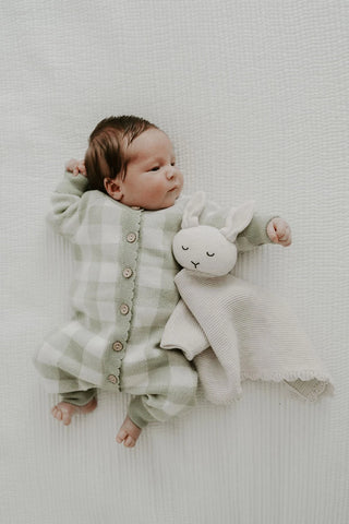 Baby wearing sage gingham romper and cuddling bunny comforter