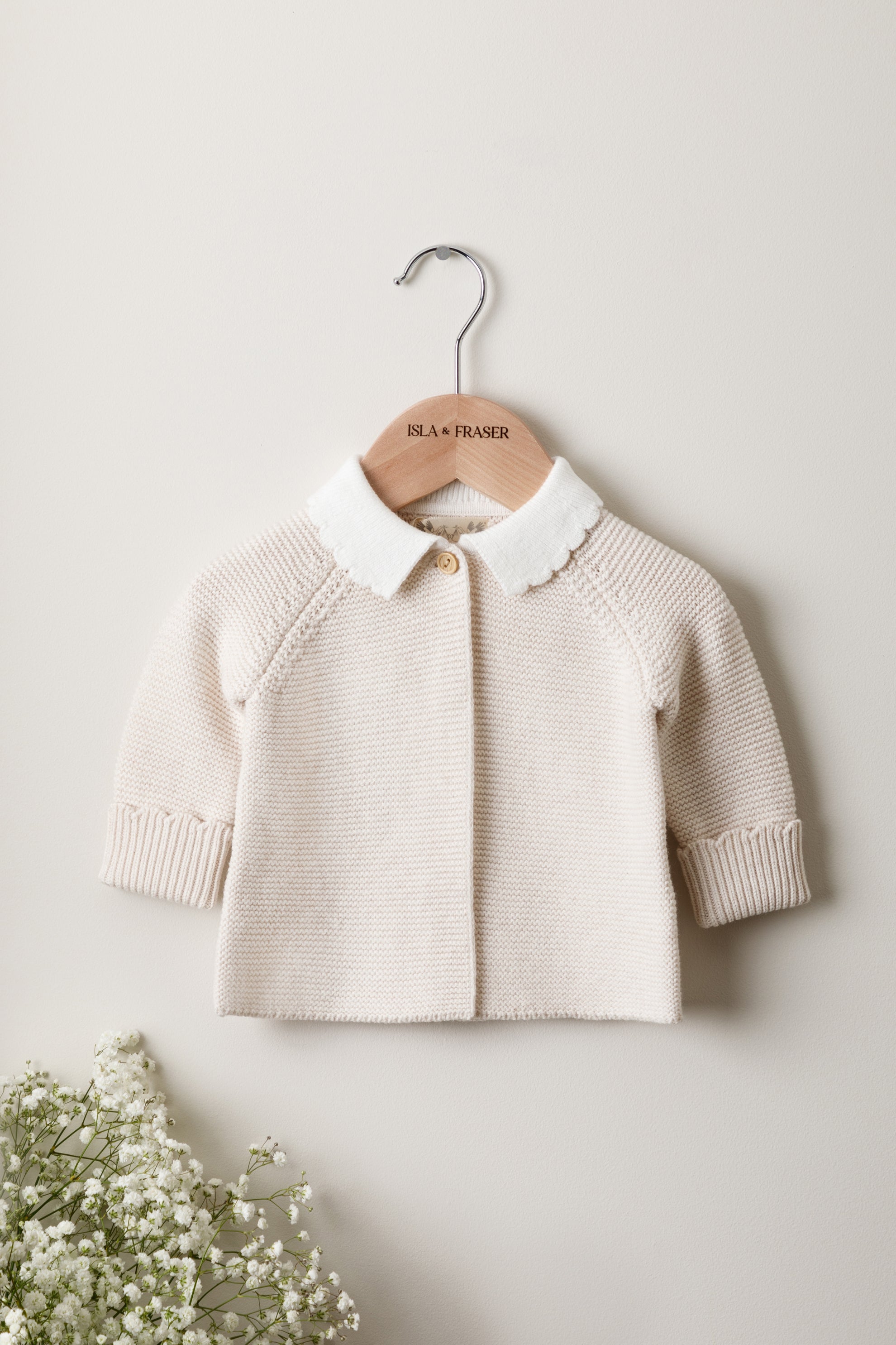 Isla and Fraser Knitted Baby Cardigan with Scallop Collar