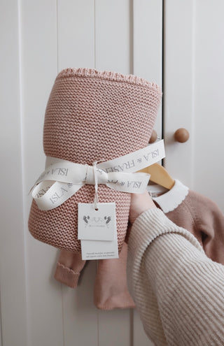Organic Cotton Isla & Fraser Rose Pink Knitted Baby Blanket tied with ribbon