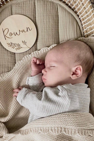 Baby Name Announcement - Sleeping Baby Rowan with Oat Scallop Baby Blanket