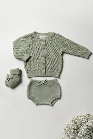 Sage Green Knitted Baby Booties, Cardigan, and Bloomers