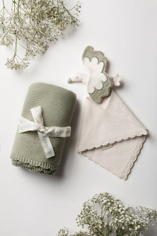 Knitted Sage Baby Blanket and Stork Baby Comfotrter