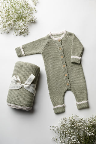sage green with ivory trim knitted baby blanket and romper gift set