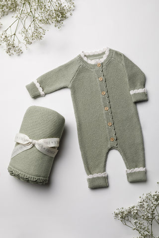 Sage green knitted baby blanket and romper