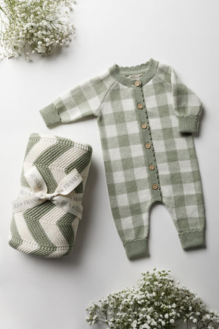 Sage Stripe Baby Blanket tied with Isla & Fraser ribbon and sage gingham romper