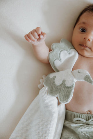 Sage and Oat Knitted Organic Sage Stork Comforter with Newborn Baby