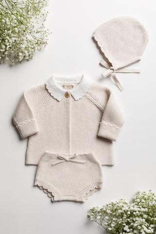 Baby Gift Set of Knitted bonnet, cardigan, and bloomers