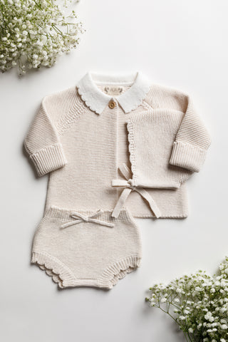 Knitted Baby Gift Set of cardigan, bonnet and bloomers