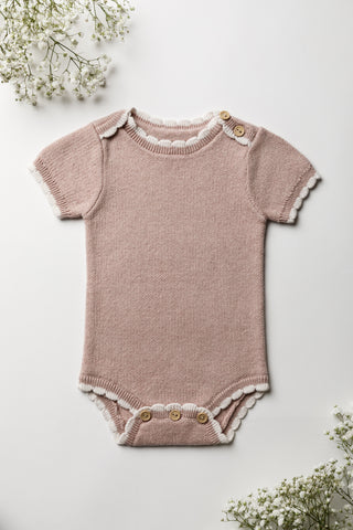 Organic Cotton Scallop Knit Tipped Baby Bodysuit - Rose