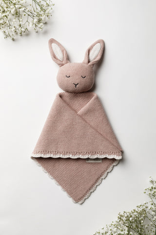 Pink knitted Isla & Fraser bunny comforter with contrast ears and scalloped edge and sleepy face embroidery