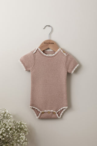 Organic Cotton Scallop Knit Tipped Baby Bodysuit - Rose