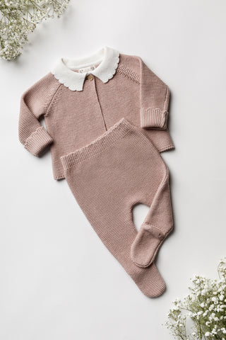 Knitted pink baby outfit matching set