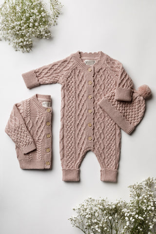Baby Girl Gift Set in Pink Cable Knit: Cardigan, Romper, and Hat.