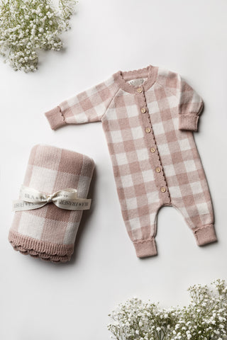 Pink check baby blanket and romper